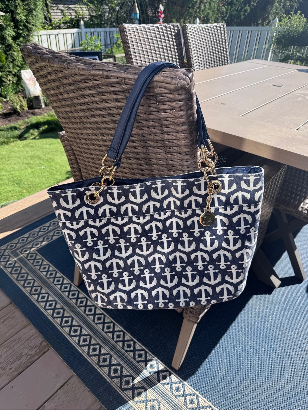 Tommy Hilfiger Navy Anchor Print Tote Bag with Gold Hardware